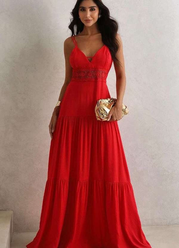 Miss Misses - Vestido Val Longo com Detalhe Guipir Vermelho