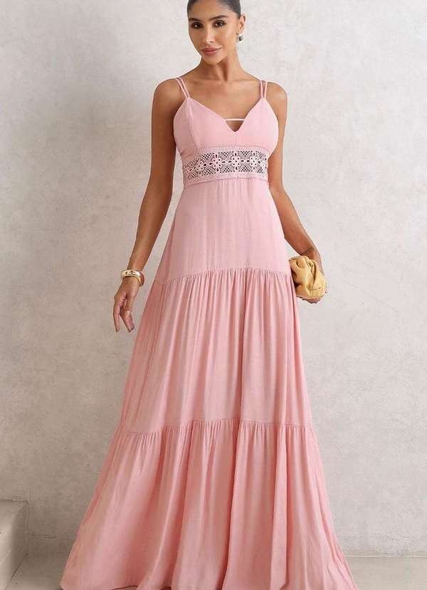 Miss Misses - Vestido Val Longo com Detalhe Guipir Rosa