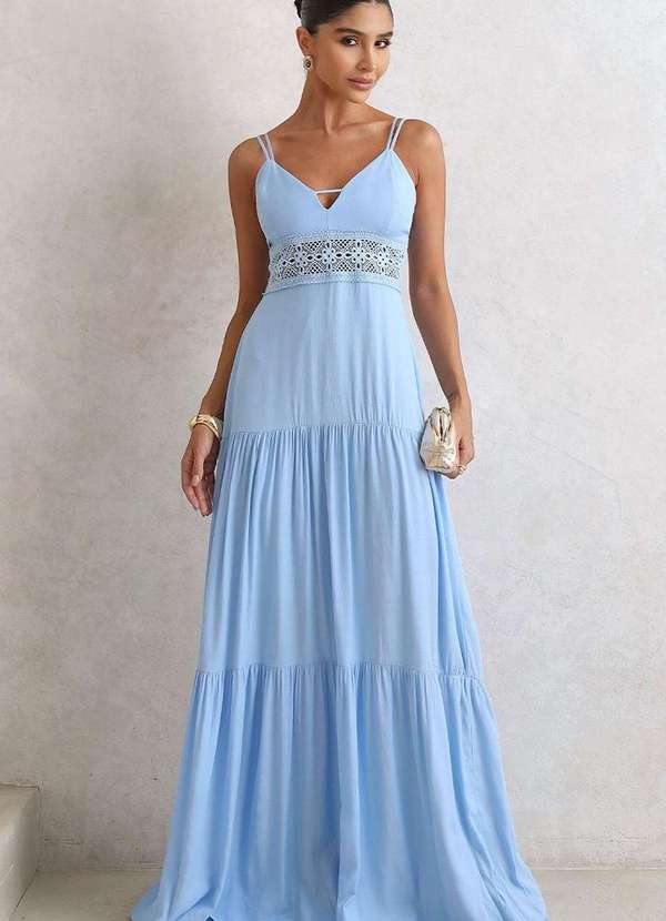 Miss Misses - Vestido Val Longo com Detalhe Guipir Azul