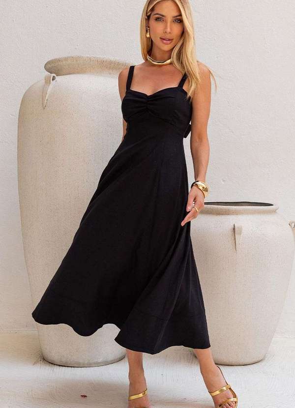Miss Misses - Vestido Vera Linho com Amarracao Costa Preto