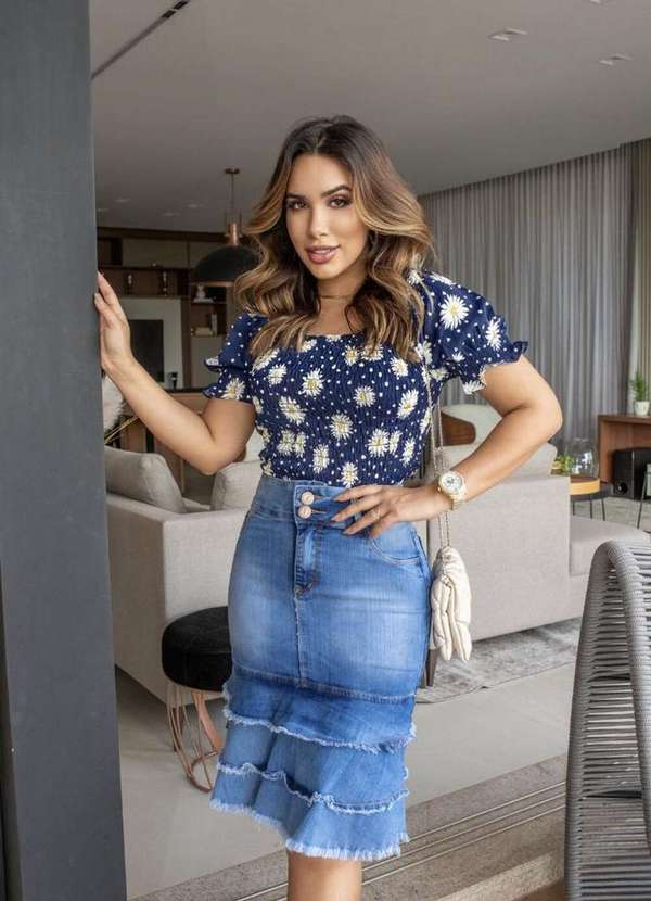 Jeans Evangelica Saia Jeans Babado Na Barra Babado Ver Saias Jeans - Main Image