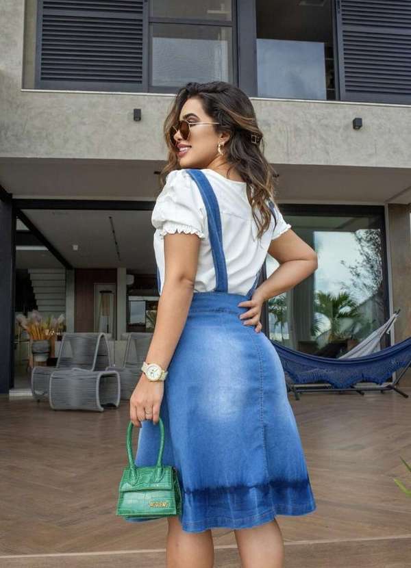 Jardineira Saia Rodada Vestido Jeans Tipo Jardineira Moda