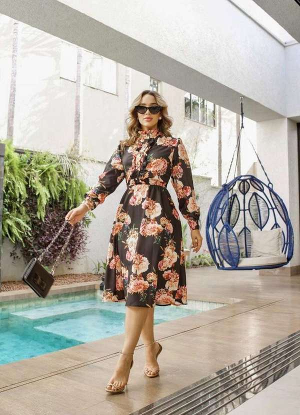 Kibella - Vestido Botões Perola Floral Multicores