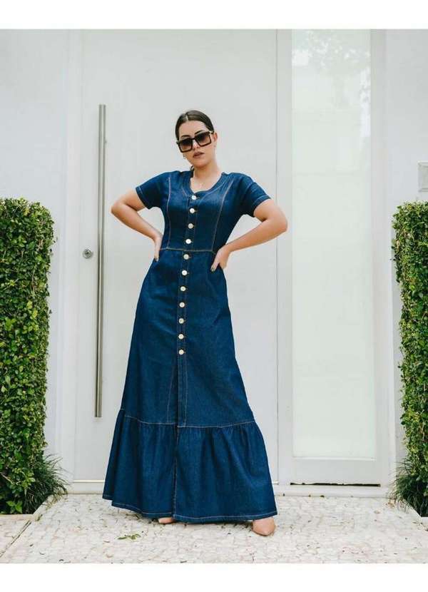 Kibella - Vestido Evangélico Jeans Longo Botões Azul