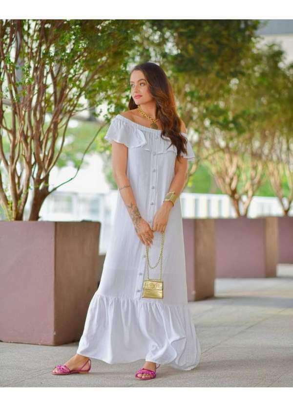 Kibella - Vestido Evangélico Longo Ciganinha Branco Branco