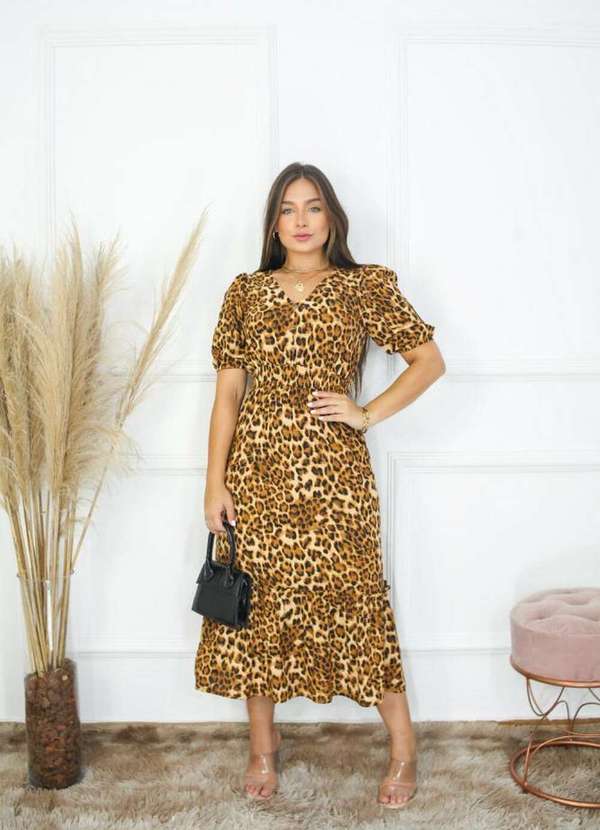 Kibella Vestido Evangélico Midi Viscose Onça Amarelo