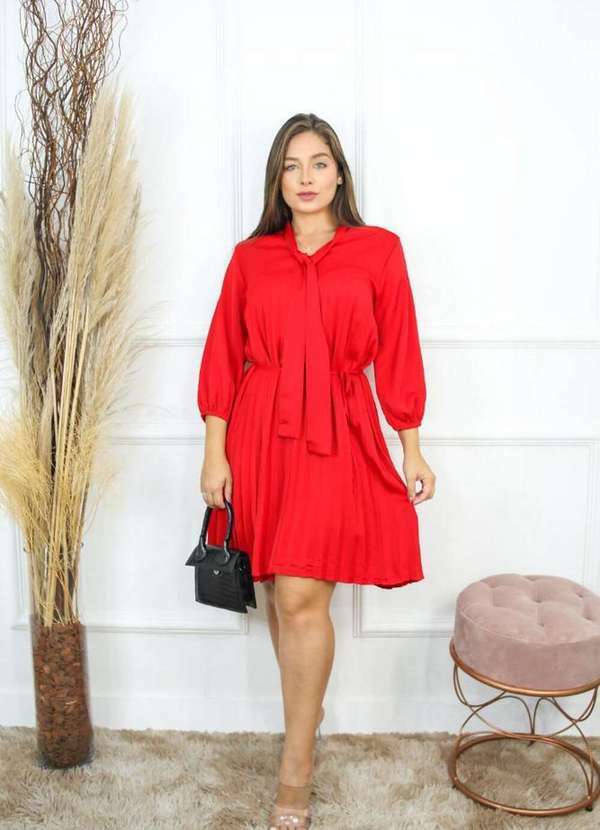 Kibella - Vestido Evangélico Plissado Rodado Vermelho com Laço Vermelho