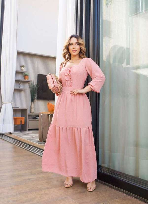 Kibella - Vestido Longo Texturizado Rosé Rosa