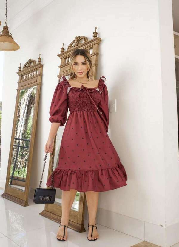Kibella - Vestido Rodado Poá Vinho Vermelho