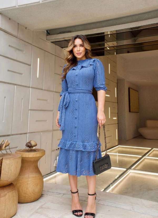 Vestido Tubinho Lese Lavinny Azul Kibella Moda Evangelica