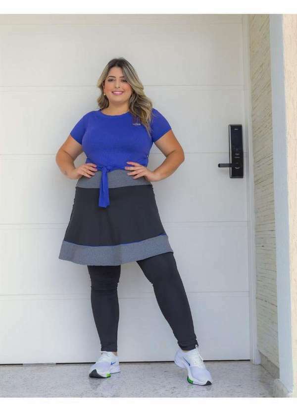 Kibella - Conjunto Fitness Evangélico Plus Size Saia Rodada Preto e Azul Multicores