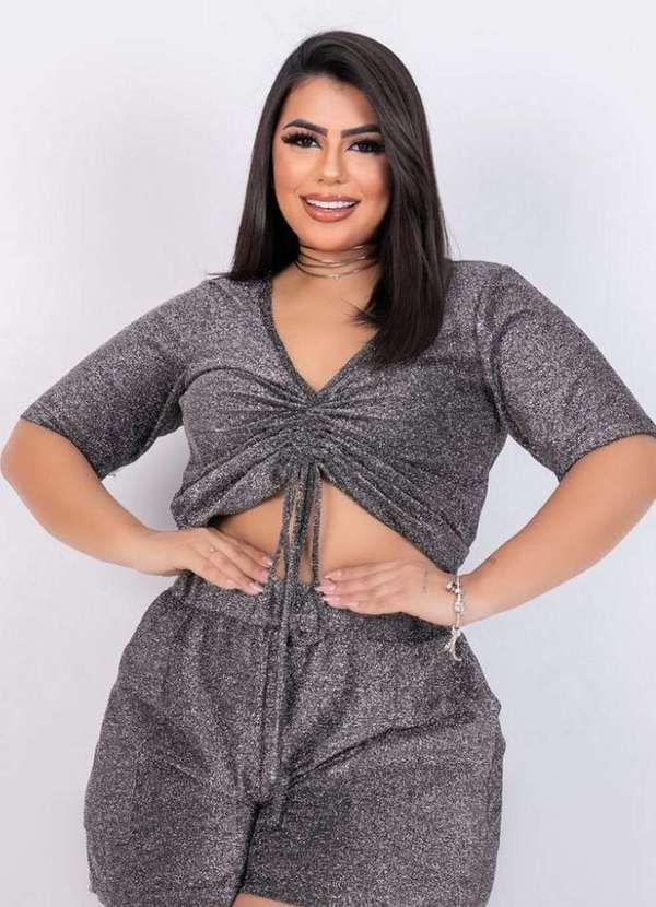 Conjunto Cropped e Shorts Plus Size em Brilho Lurex Preto Ana