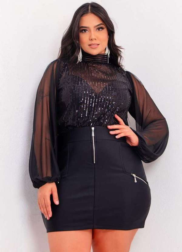 It Curves - Blusa Femimina Plus Size Paete e Elastico Preto