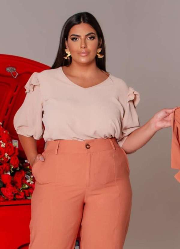 Predilects Plus - Blusa Feminina Plus Size Manga Bufante Bege