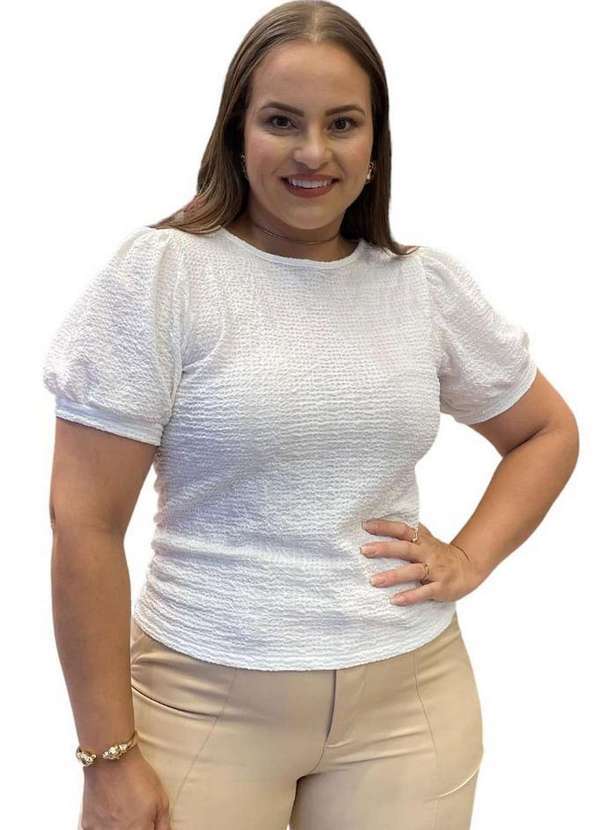 Predilects Plus - Blusa Plus Size Manga Franzida em Malha Bubble Branco