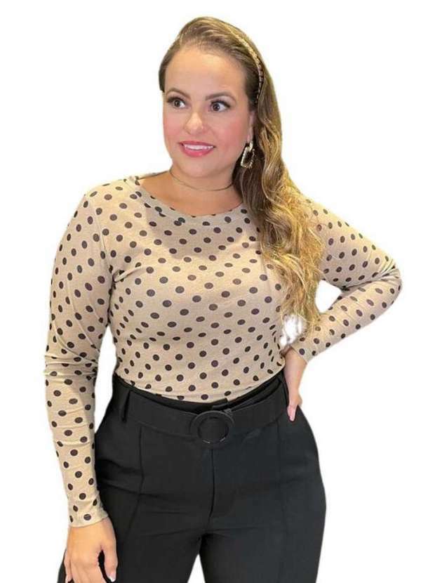 Predilects Plus - Blusa Plus Size Poa Manga Longa Bege