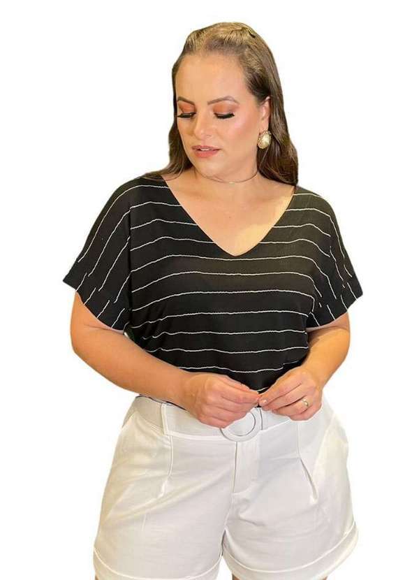 Predilects Plus - Blusa Pluz Size Ampla Listrada Preto
