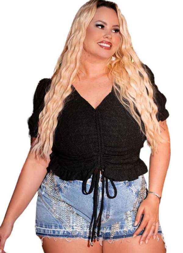 Cropped Plus Size Malha Laise Com Babados Preto Ana Maya Curves