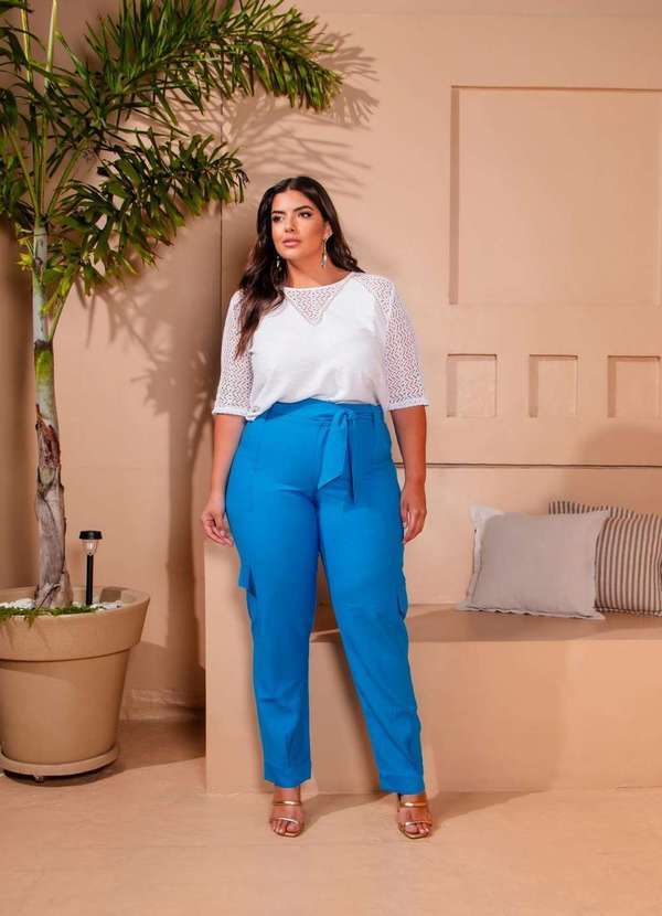 Ana Maya Curves - Calca Feminina Plus Size Cargo Azul