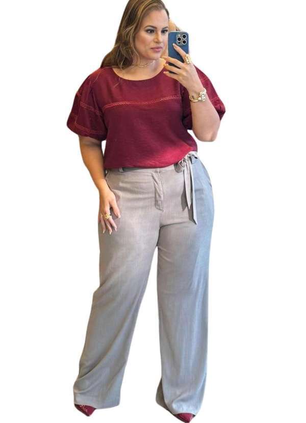 Predilects Plus - Calca Feminina Plus Size Pantalona Faixa em Linho Cinza