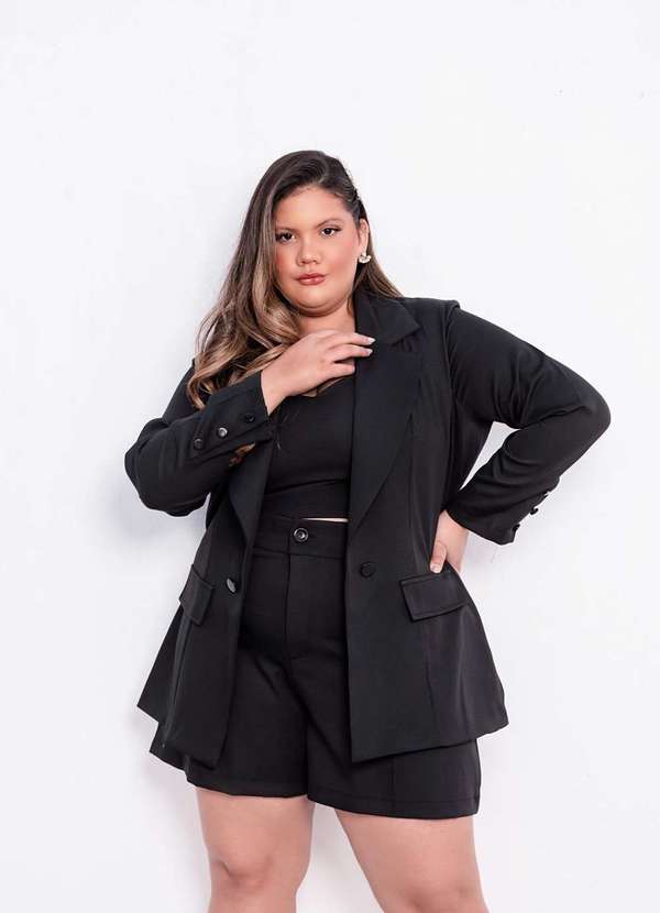 Ana Maya Curves - Blazer Feminino Plus Size Alfaiataria Preto