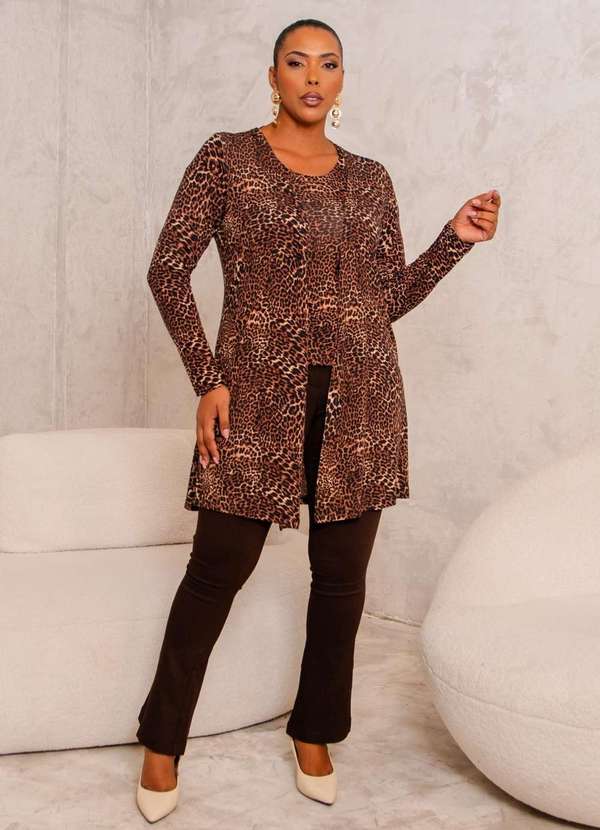 Predilects Plus - Cardigan Feminino Plus Size Oncinha Marrom