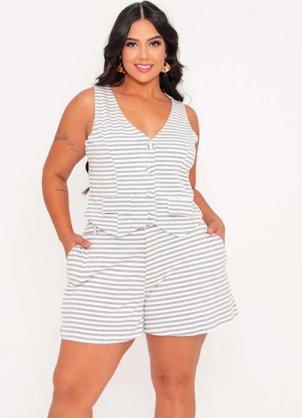 Predilects Plus - Conjunto Feminino Plus Size Listrado Colete e Shorts Cinza