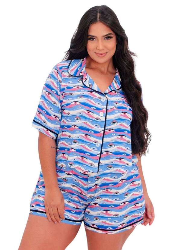 Predilects Plus - Pijama Feminino Plus Size Americano Estampado Azul
