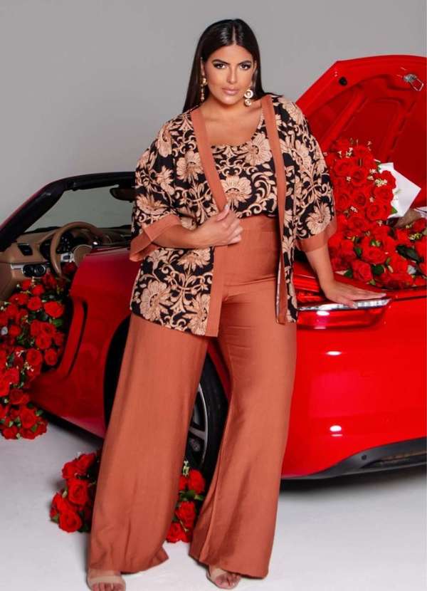 Predilects Plus - Trijunto Feminino Plus Size Kimono Calca e Regata Marrom