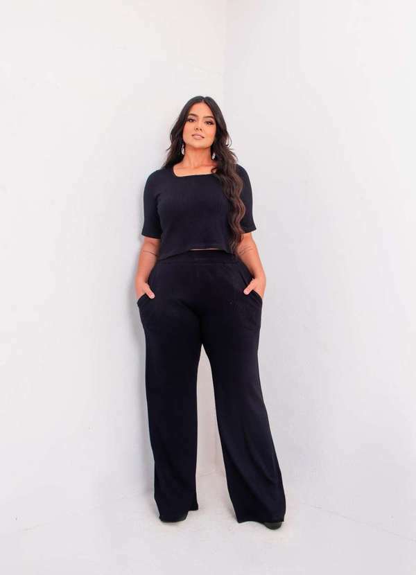 It Curves - Conjunto Feminino Plus Size Canelado com Calca Flare e Blusa Preto