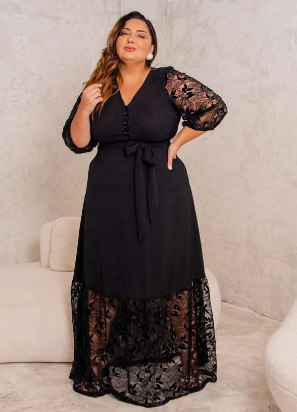 Predilects Plus - Vestido Feminino Longo Plus Size com Detalhe em Renda Preto 2