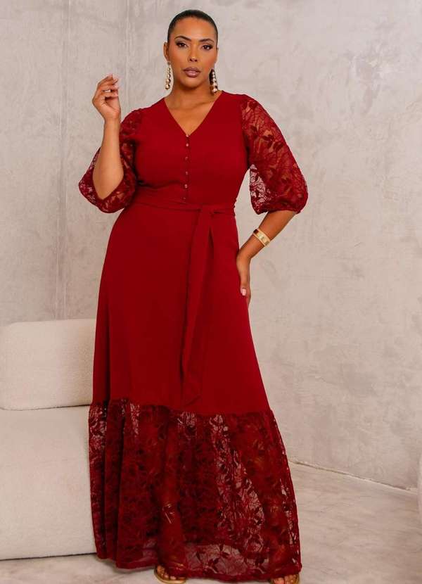 Predilects Plus Vestido Feminino Longo Plus Size com Detalhe em Renda  Vermelho