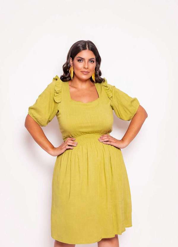 Vestido Plus Size Babado No Ombro Verde Ana Maya Curves