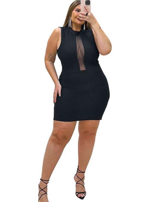 It Curves - Vestido Plus Size Bubbles Tule no Decote Preto