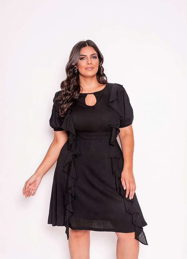 Vestido Plus Size Detalhe Em Babados Preto Ana Maya Curves