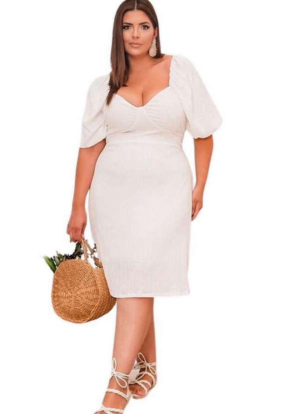 Predilects Plus - Vestido Plus Size Manga Balone Plissado Branco