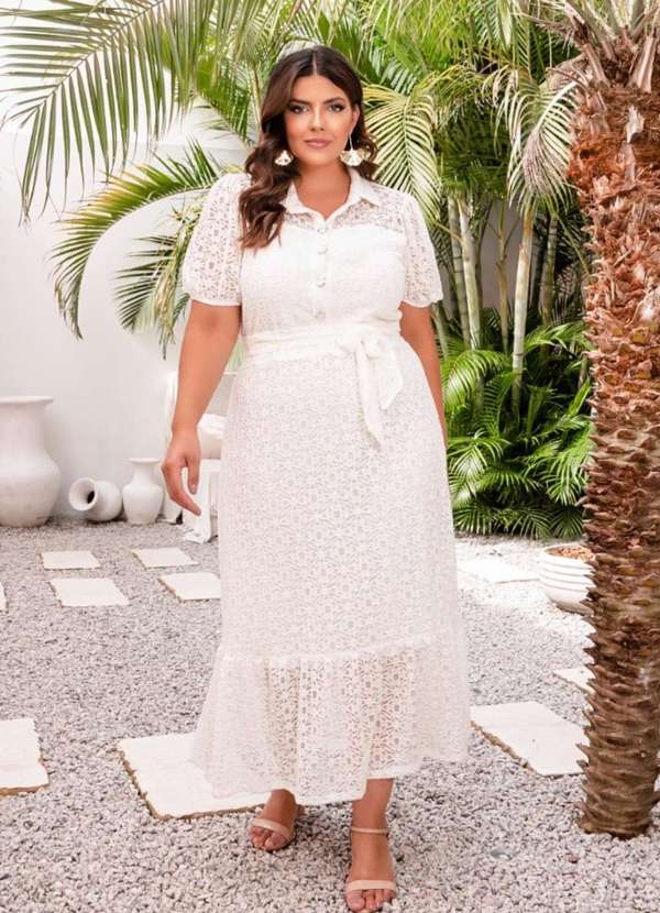 Predilects Plus - Vestido Plus Size Renda com Meia Vista Branco