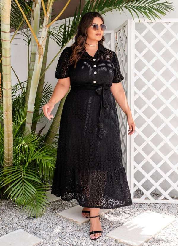 Predilects Plus - Vestido Plus Size Renda com Meia Vista Preto 2