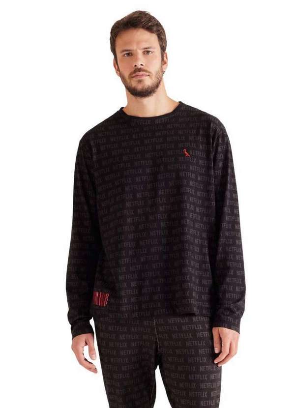 Reserva - Camiseta Ml Pijama Full Print Netflix Reserva Preto