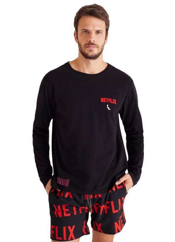 Reserva - Camiseta Ml Pijama Netflix Reserva Preto