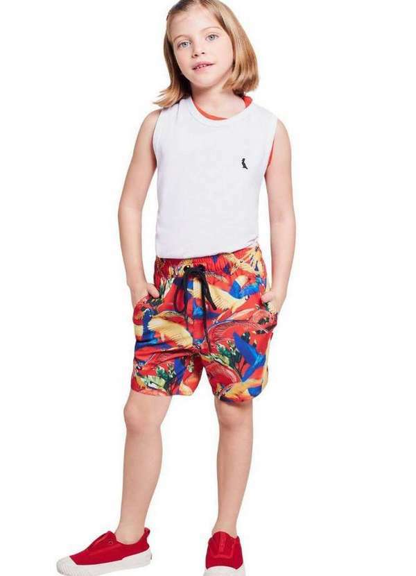 Reserva Mini - Short Praia Estampado Arara Color Reserva Mini Vermelho