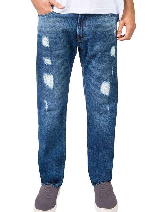 Taco - Calca Jeans Straight Customizada Super Stone Azul