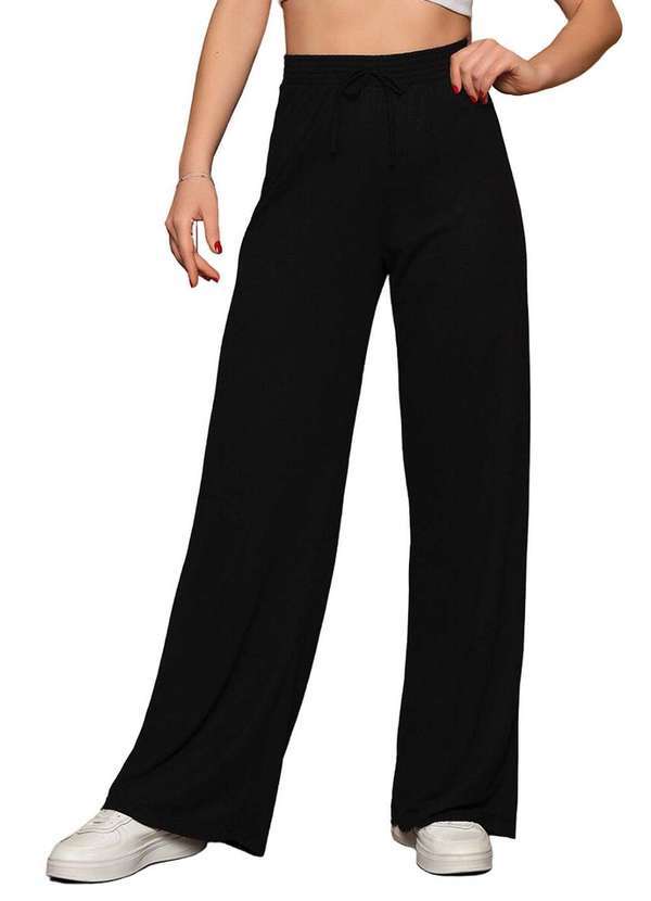We Happy - Calca Pantalona Feminina Wide Leg em Lanzinha Preto Preto