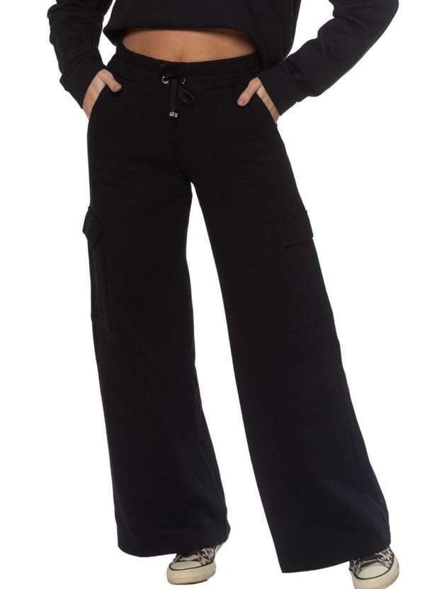 We Happy - Calca Pantalona Moletom Feminina Bolso Cargo Preto Preto