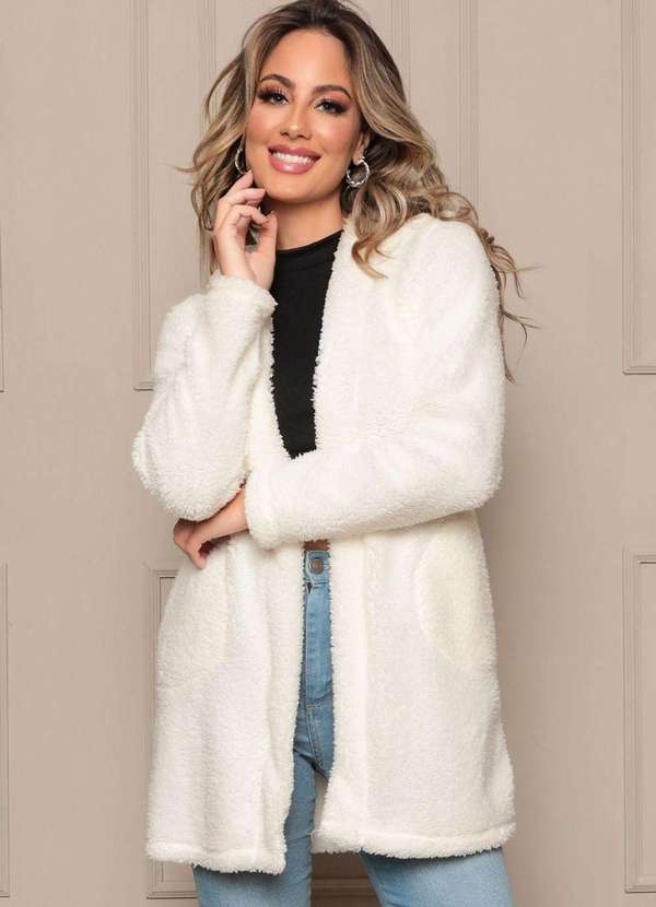 We Happy - Casaco Feminino Teddy Alongado com Capuz Branco Branco