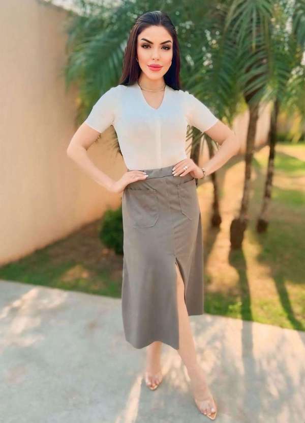 Zipituka - Saia de Suede com Bolso e Fenda Frontal Cinza