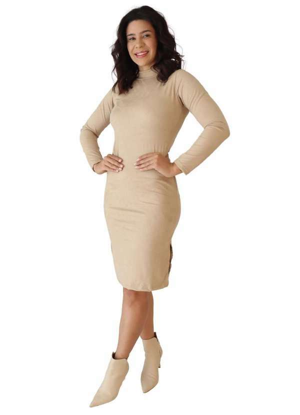 Zipituka - Vestido Midi Gola Alta Manga Longa Suede Bege Bege