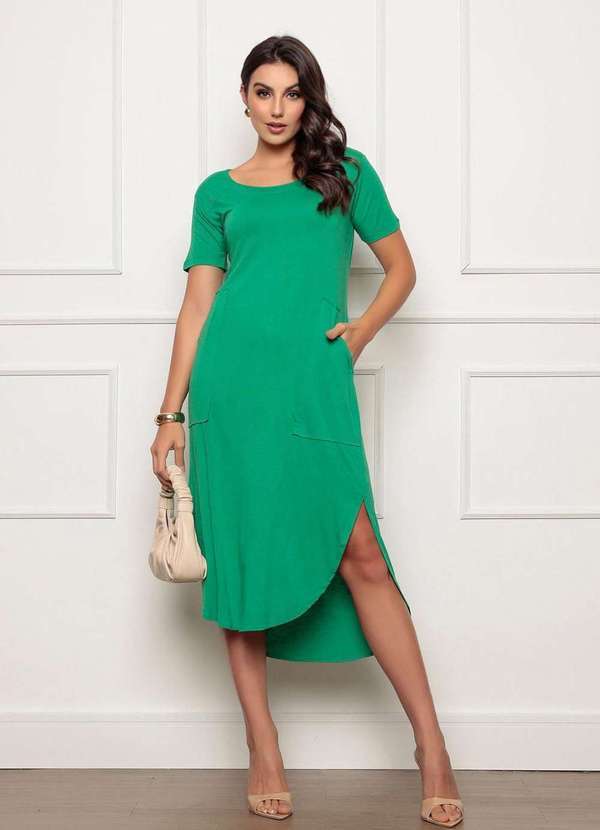 Zipituka - Vestido Midi Manga Curta com Fenda 920 Verde Verde