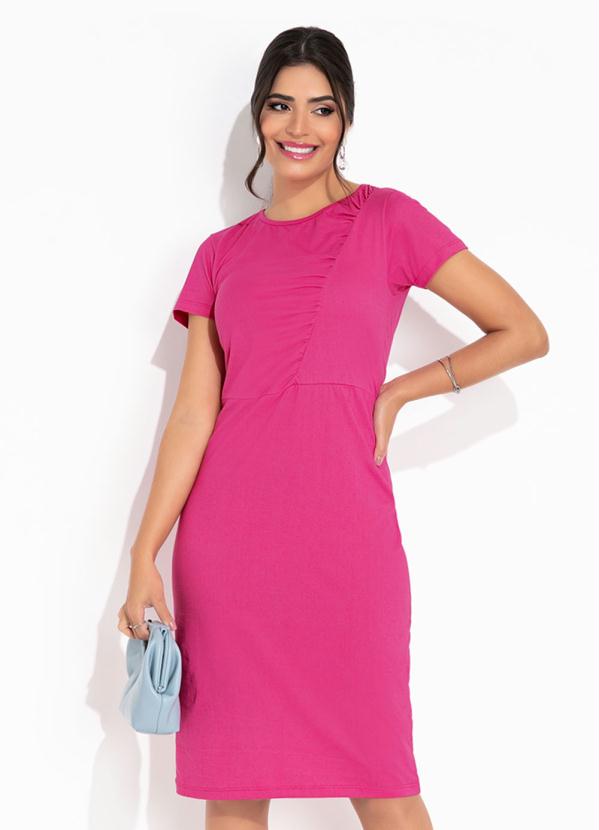 Outlet - Vestido Rosa com Franzido Moda Evangélica