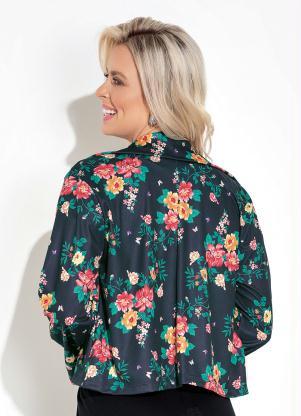 Moda Pop - Blazer Floral Preto com Gola e Mangas Longas - MODA POP